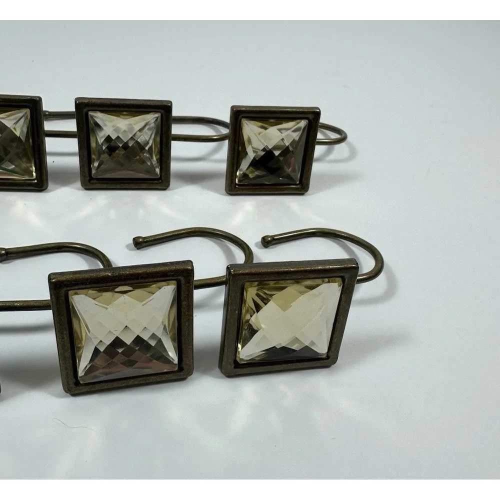 Rhinestone Shower Curtain Hooks Yellow Gold Faceted Square Geometric 12 Pc